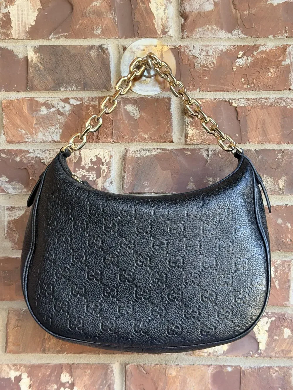 Gucci Emblem Half Moon Shoulder Bag GG Embossed Leather Large Black 96549